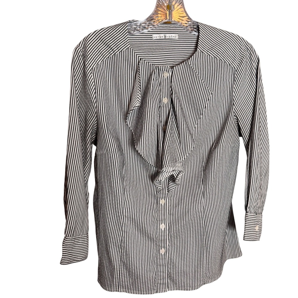 Peter Nygard Striped Ruffle Blouse Womens 12 Black White Cotton Career Button Up